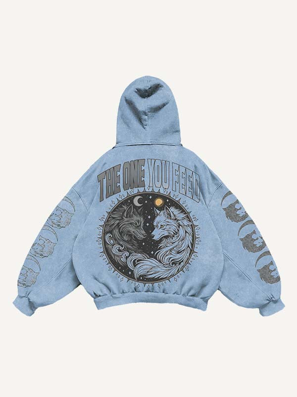 Wolf&Sun&Moon&Letter Print Slant Pockets Hoodie