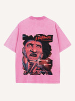 Distressed Washed Horror Print Round Neck T-shirt