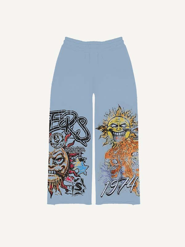 Evil Sun&Skull&Letter Print Elastic Waist Pants