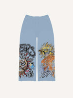 Evil Sun&Skull&Letter Print Elastic Waist Pants