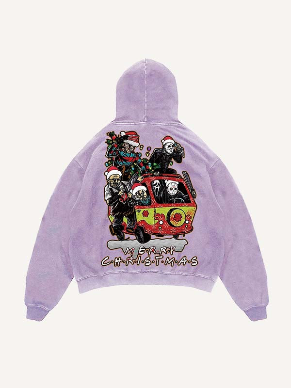 Distressed Washed Christmas Horror Print Slant Pockets Hoodie