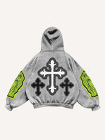 Figure&Pray&Cross Faux Decal Print Slant Pockets Hoodie