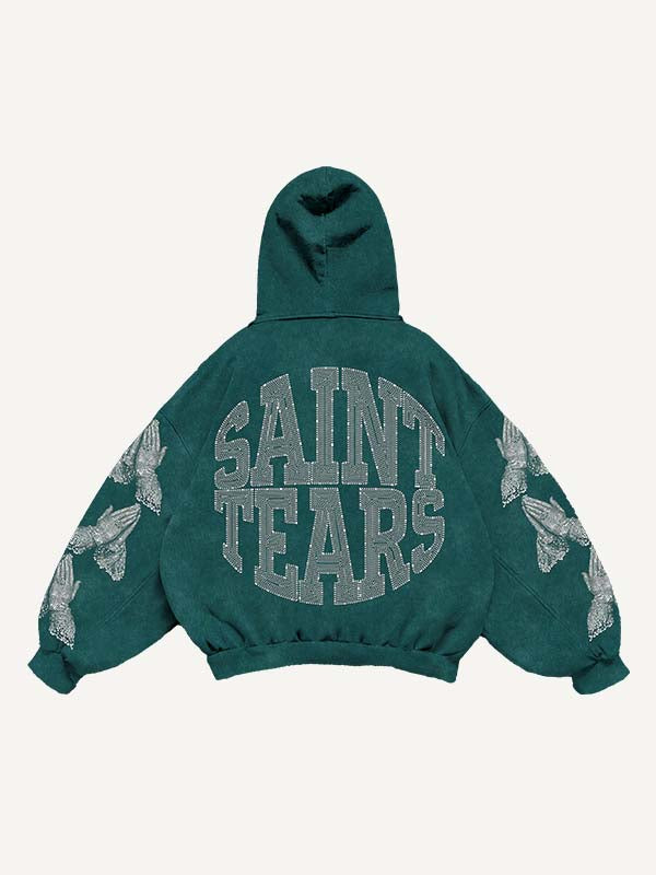 Mary&Pray&Letter Faux Rhinestones Print Slant Pockets Hoodie