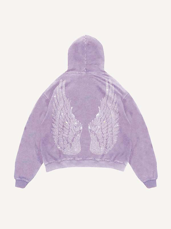 Distressed Washed Demon&Wing&Letter Faux Rhinestones Print Slant Pockets Hoodie