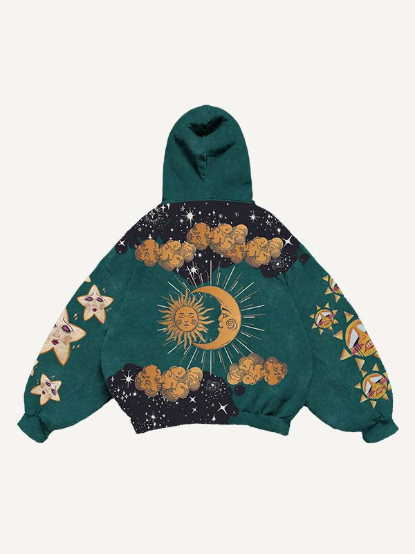 Sad Sun&Moon&Eye&Cloud&Graphic Print Slant Pockets Hoodie