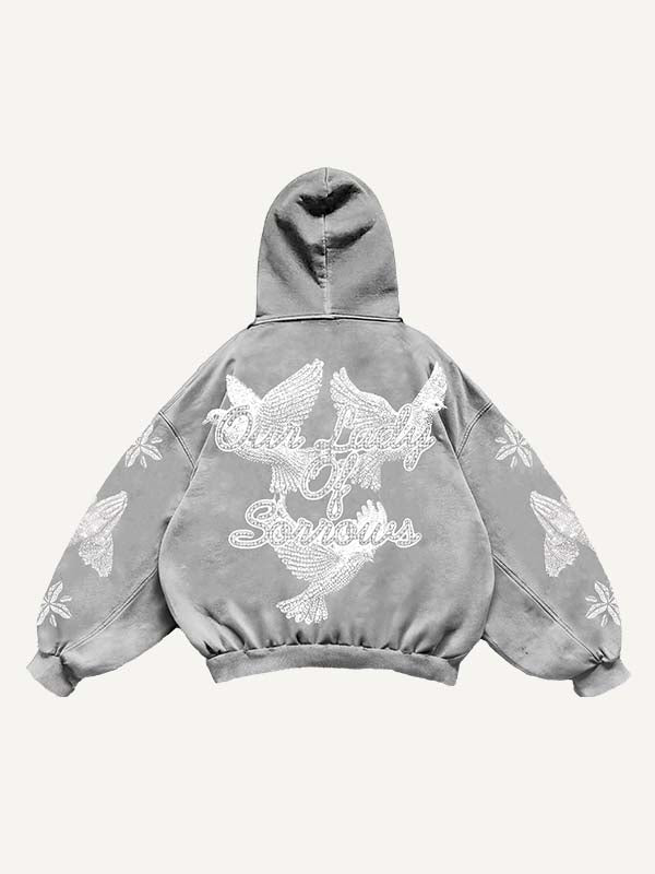 Mary&Pray&Pigeon&Letter Faux Rhinestones Print Slant Pockets Hoodie