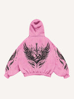 Figure&Wing&Heart&Sword Print Slant Pockets Hoodie