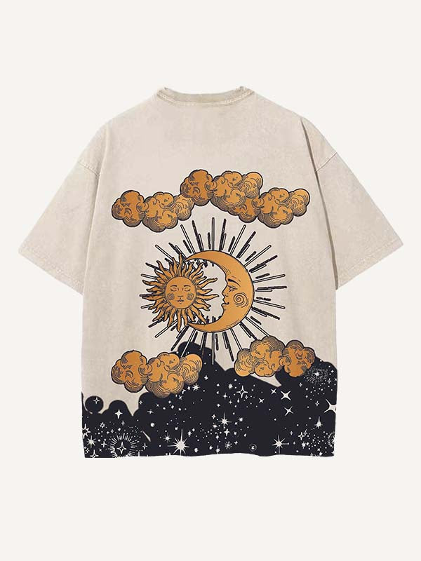 Distressed Washed Sad Sun&Moon&Eye&Cloud&Graphic Print Round Neck T-shirt