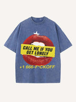 Distressed Washed Lips&Letter Print Round Neck T-shirt