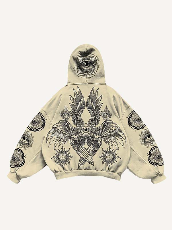 Eye&Wing&Sun Print Slant Pockets Hoodie