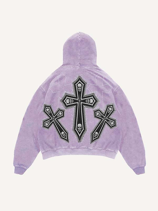 Distressed Washed Skull&Cross Faux Decal Print Slant Pockets Hoodie