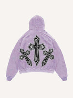 Distressed Washed Skull&Cross Faux Decal Print Slant Pockets Hoodie