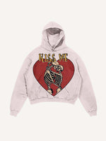 Distressed Washed Skeleton&Kiss Me Print Slant Pockets Hoodie