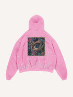 Distressed Washed Eye&Cross&Letter&Graphic Faux Rhinestones Print Slant Pockets Hoodie