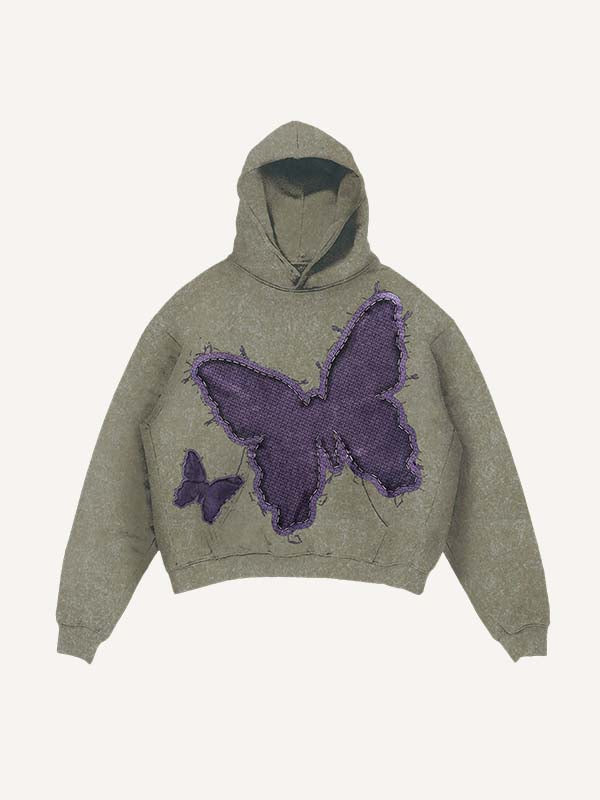 Distressed Washed Butterfly Faux Decal Print Slant Pockets Hoodie