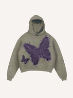 Distressed Washed Butterfly Faux Decal Print Slant Pockets Hoodie