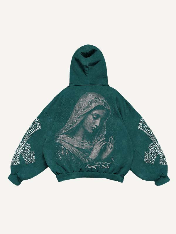 Mary&Pray&Cross&Letter Faux Rhinestones Print Slant Pockets Hoodie
