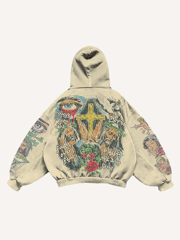 Jesus&Mary&Angel&Pigeon&Eye&Cross&Heart&Wing&Floral&Letter Print Slant Pockets Hoodie