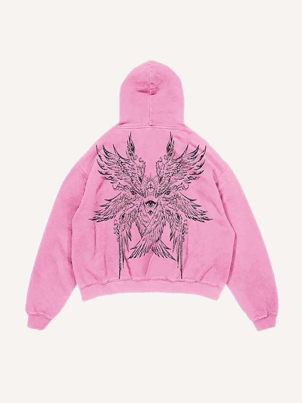 Distressed Washed Wing&Eye&Tears&Graphic Print Slant Pockets Hoodie
