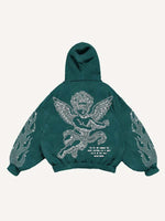 Angel&Fire&Letter Faux Rhinestones Print Slant Pockets Hoodie