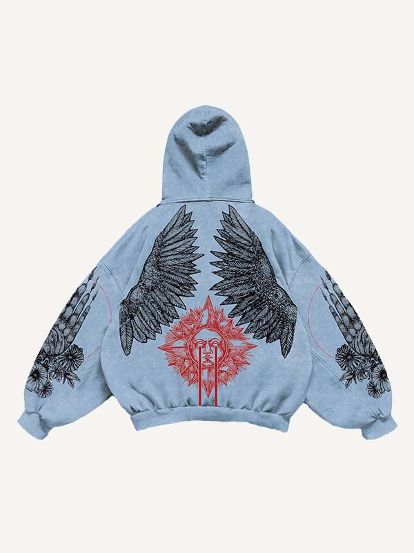 Sun&Moon&Wing&Eye&Palm Print Slant Pockets Hoodie