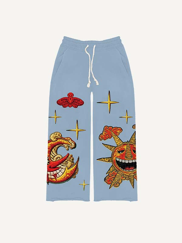 Evil Sun&Moon&Star&Cloud Faux Decal Print Elastic Waist Pants