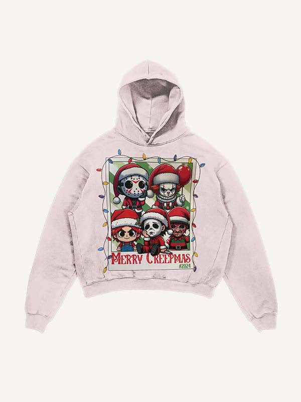 Distressed Washed Christmas Horror Print Slant Pockets Hoodie