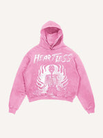Distressed Washed Heartless Skeleton&Letter Print Slant Pockets Hoodie