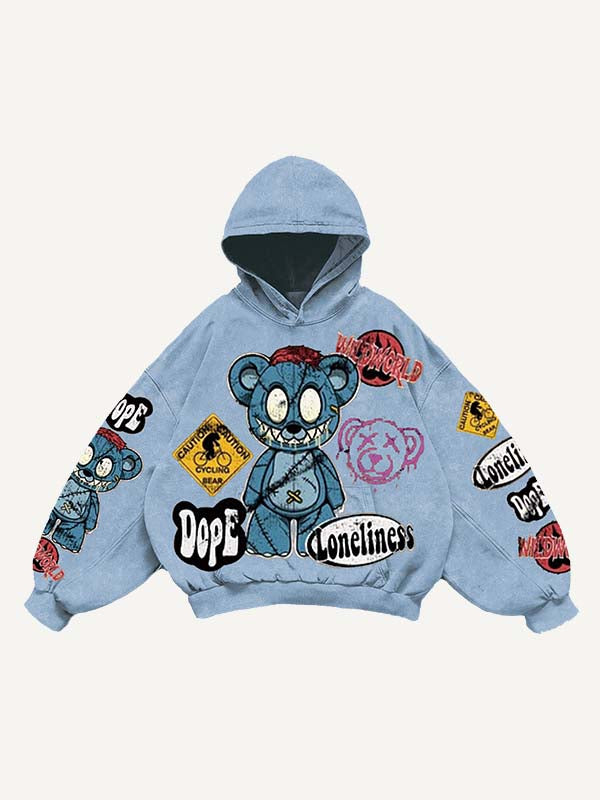 Bear&Graphic&Letter Faux Decal Print Slant Pockets Hoodie