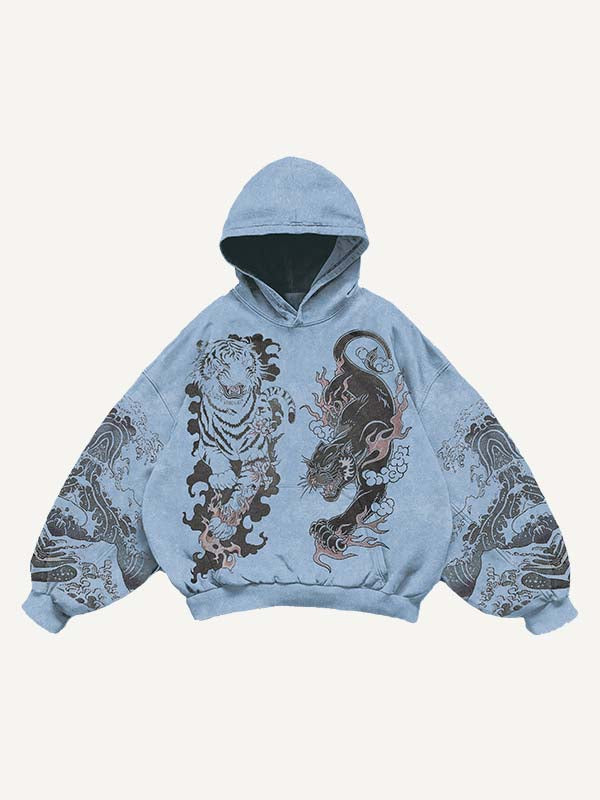 Black Panther&Tiger&Graphic Print Slant Pockets Hoodie