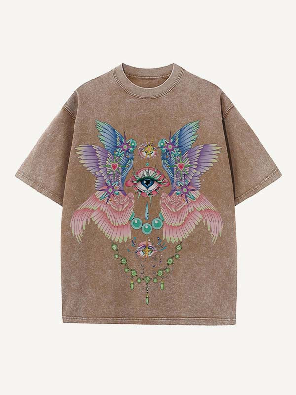 Distressed Washed Eye&Wing Print Round Neck T-shirt