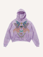 Distressed Washed Eye&Wing Print Slant Pockets Hoodie