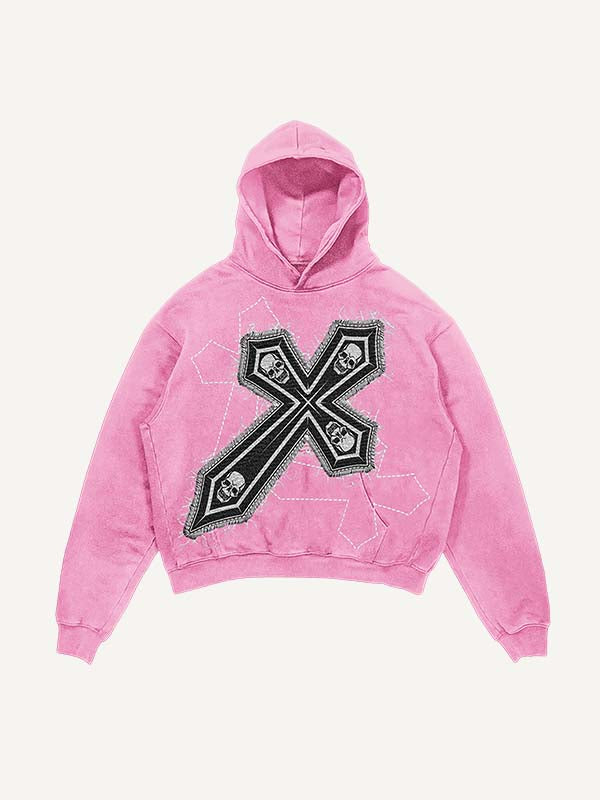 Distressed Washed Skull&Cross Faux Decal Print Slant Pockets Hoodie
