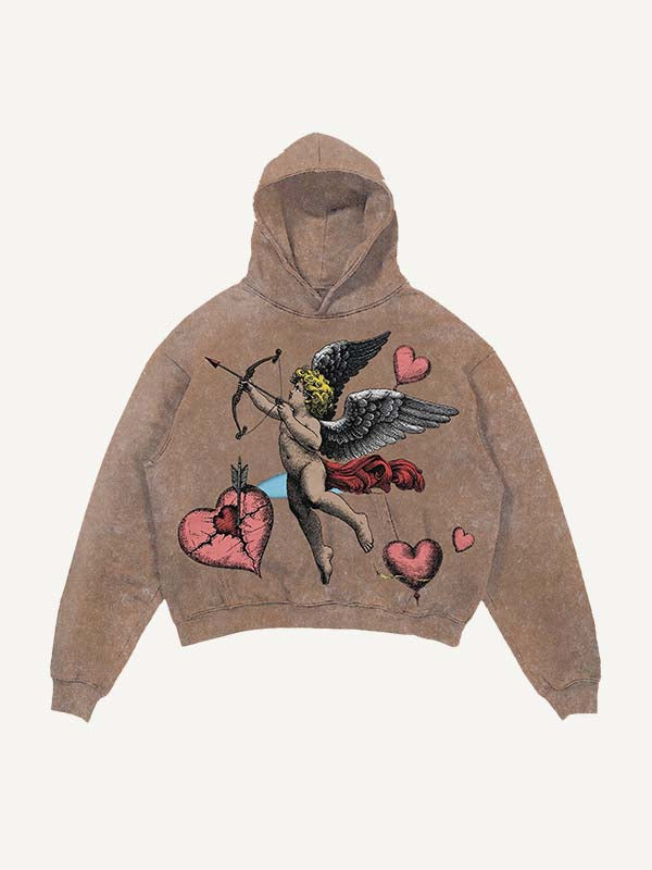 Distressed Washed Cupid&Heart Print Slant Pockets Hoodie