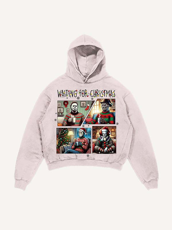 Distressed Washed Christmas Horror Print Slant Pockets Hoodie