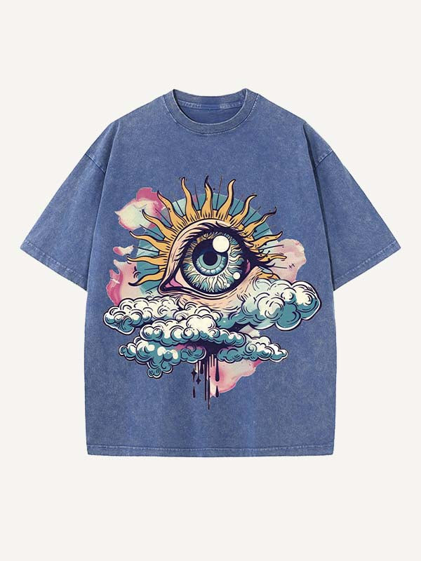 Distressed Washed Eye&Cloud Print Round Neck T-shirt