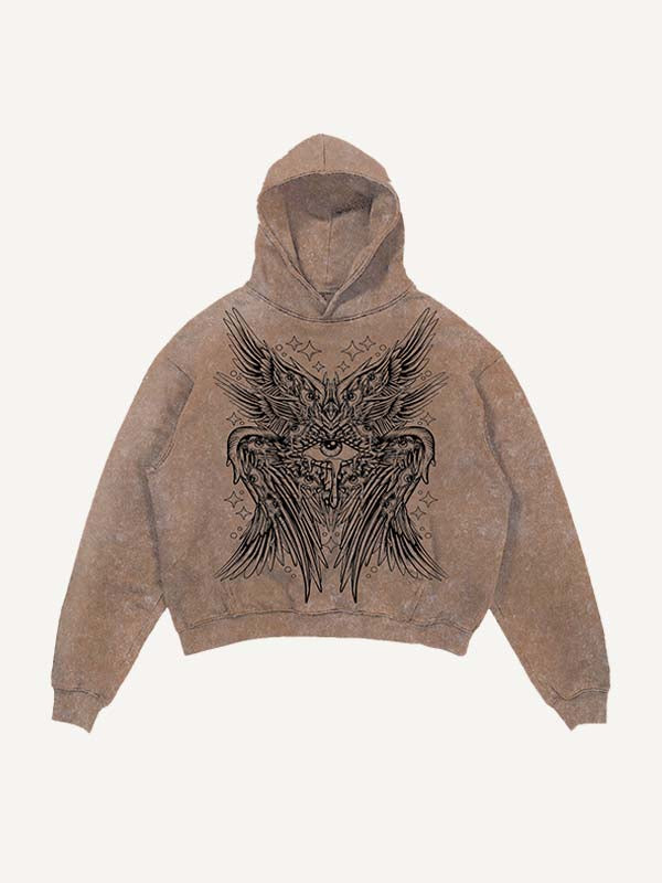 Distressed Washed Wing&Eye&Tears&Graphic Print Slant Pockets Hoodie