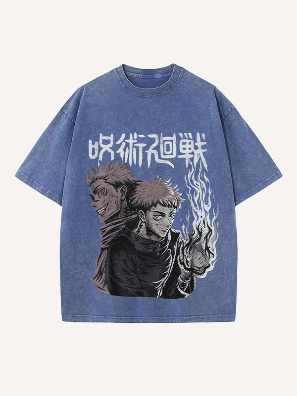 Distressed Washed Figure&Graphic&Fire Print Round Neck T-shirt