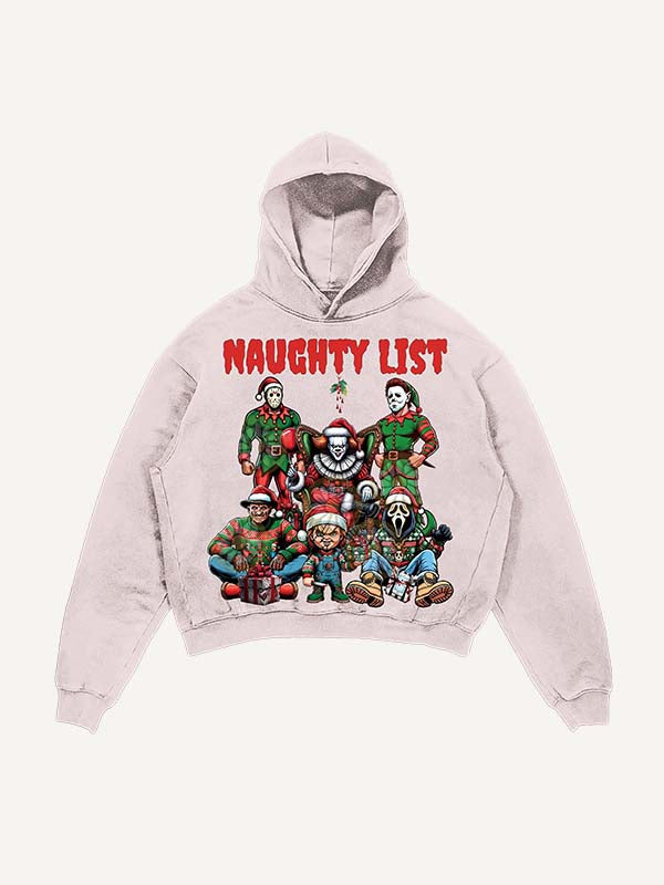 Distressed Washed Christmas Horror Print Slant Pockets Hoodie