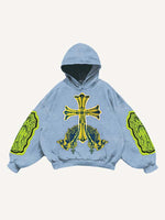 Figure&Pray&Cross Faux Decal Print Slant Pockets Hoodie