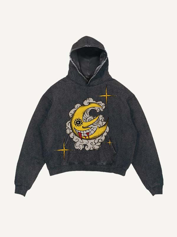 Distressed Washed Evil Moon&Sun&Star&Cloud Print Slant Pockets Hoodie