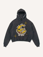 Distressed Washed Evil Moon&Sun&Star&Cloud Print Slant Pockets Hoodie