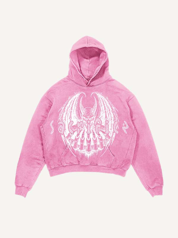 Distressed Washed Demon&Wing&Letter Faux Rhinestones Print Slant Pockets Hoodie