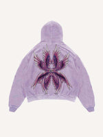 Distressed Washed Eye&Wing Print Slant Pockets Hoodie