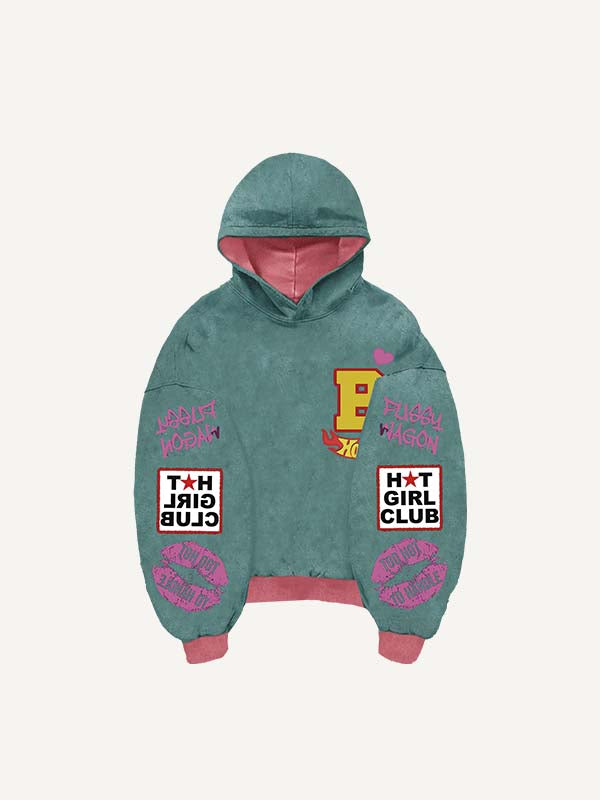 Figure&Lips&Heart&Letter Faux Decal Print Slant Pockets Hoodie