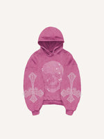 Skull&Wing&Cross Faux Rhinestones Print Slant Pockets Hoodie