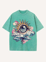 Distressed Washed Eye&Cloud Print Round Neck T-shirt