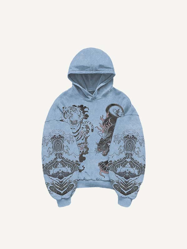 Black Panther&Tiger&Graphic Print Slant Pockets Hoodie