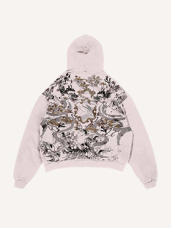 Distressed Washed Dragon Print Slant Pockets Hoodie