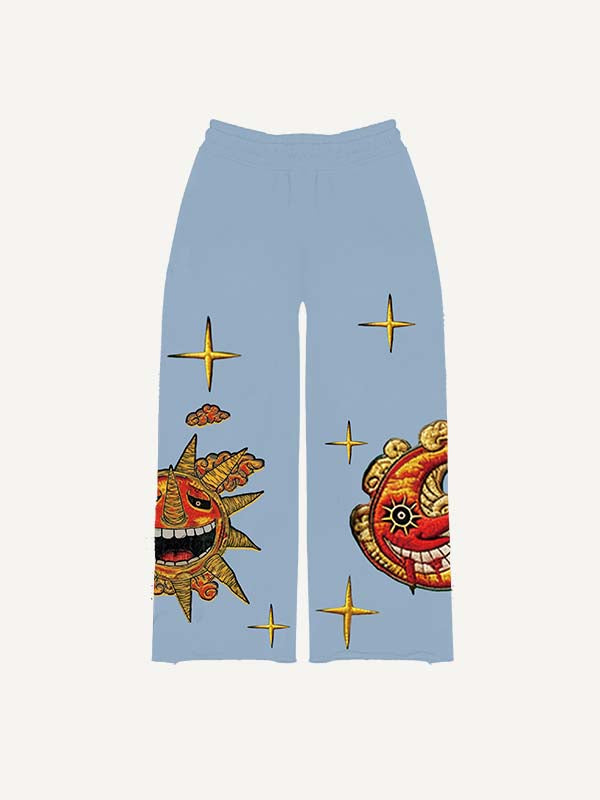Evil Sun&Moon&Star&Cloud Faux Decal Print Elastic Waist Pants